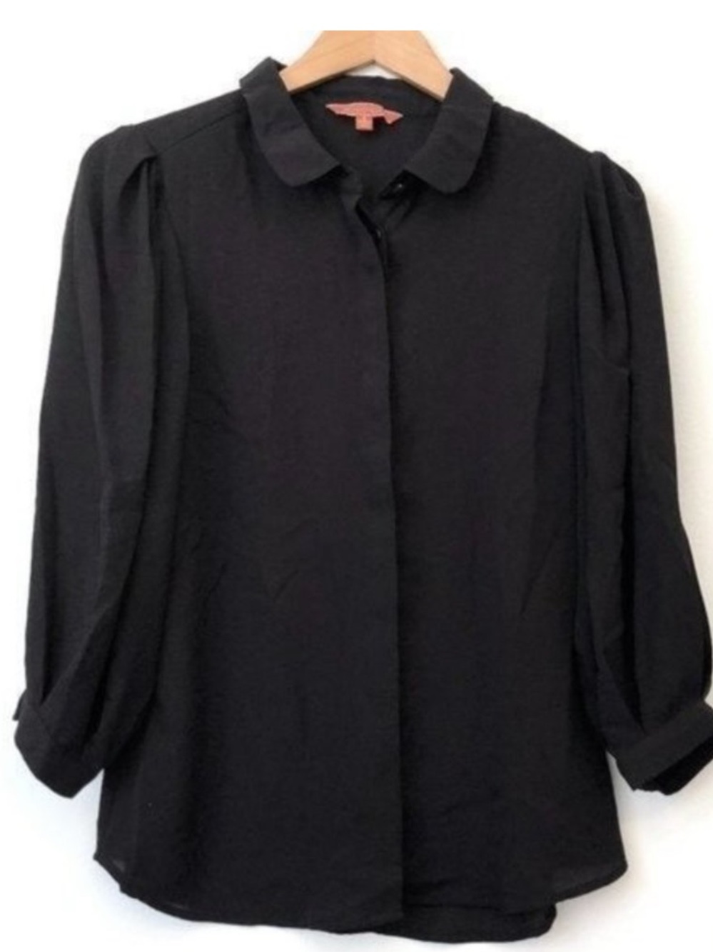 MODCLOTH Solid Black Hidden Button Down 3/4 Sleeve Poly Dark Academia Top Small